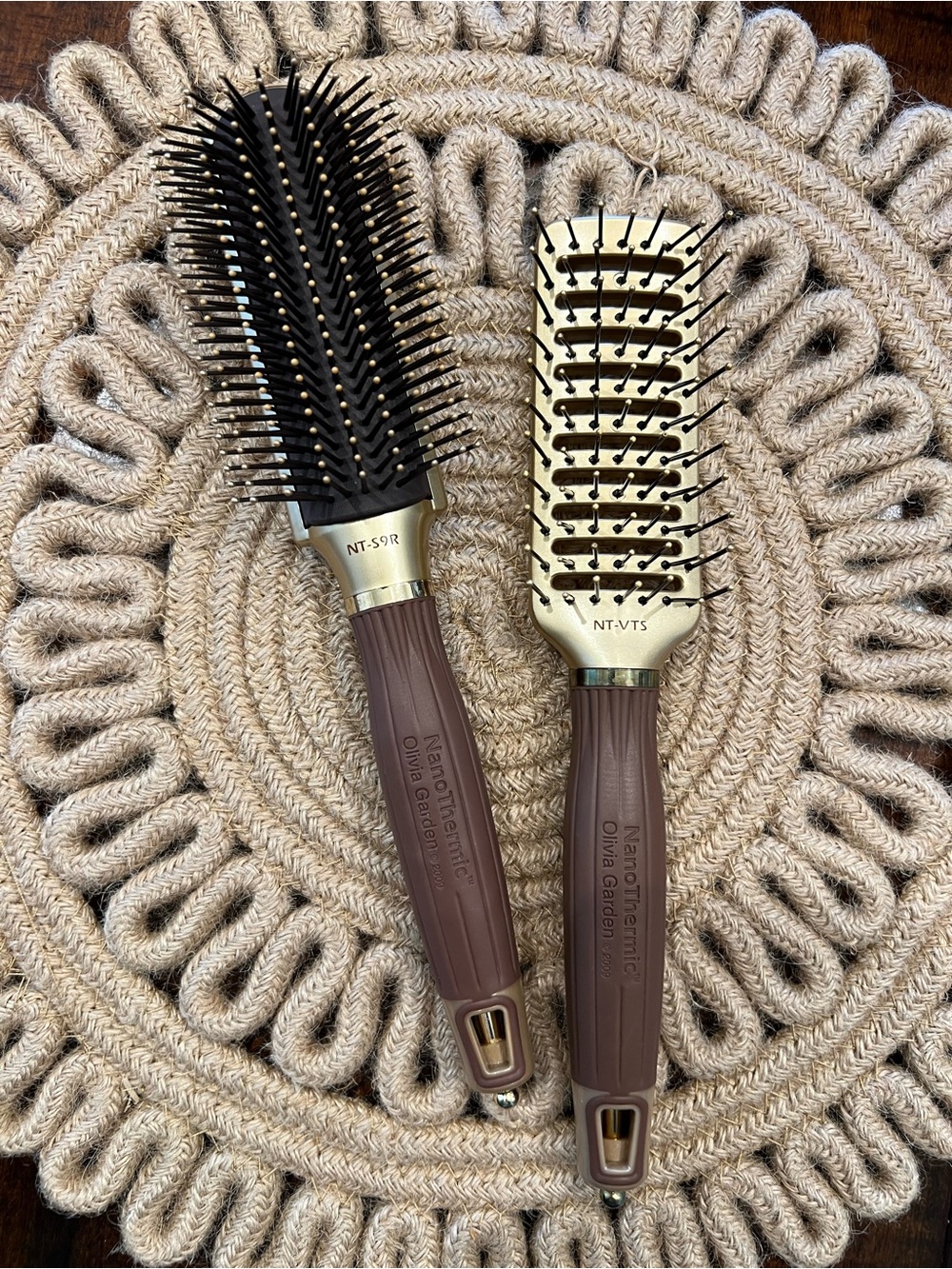 Olivia Garden Brown & Gold NanoThermic Hair Brushes- Vent & Paddle Styling Combo